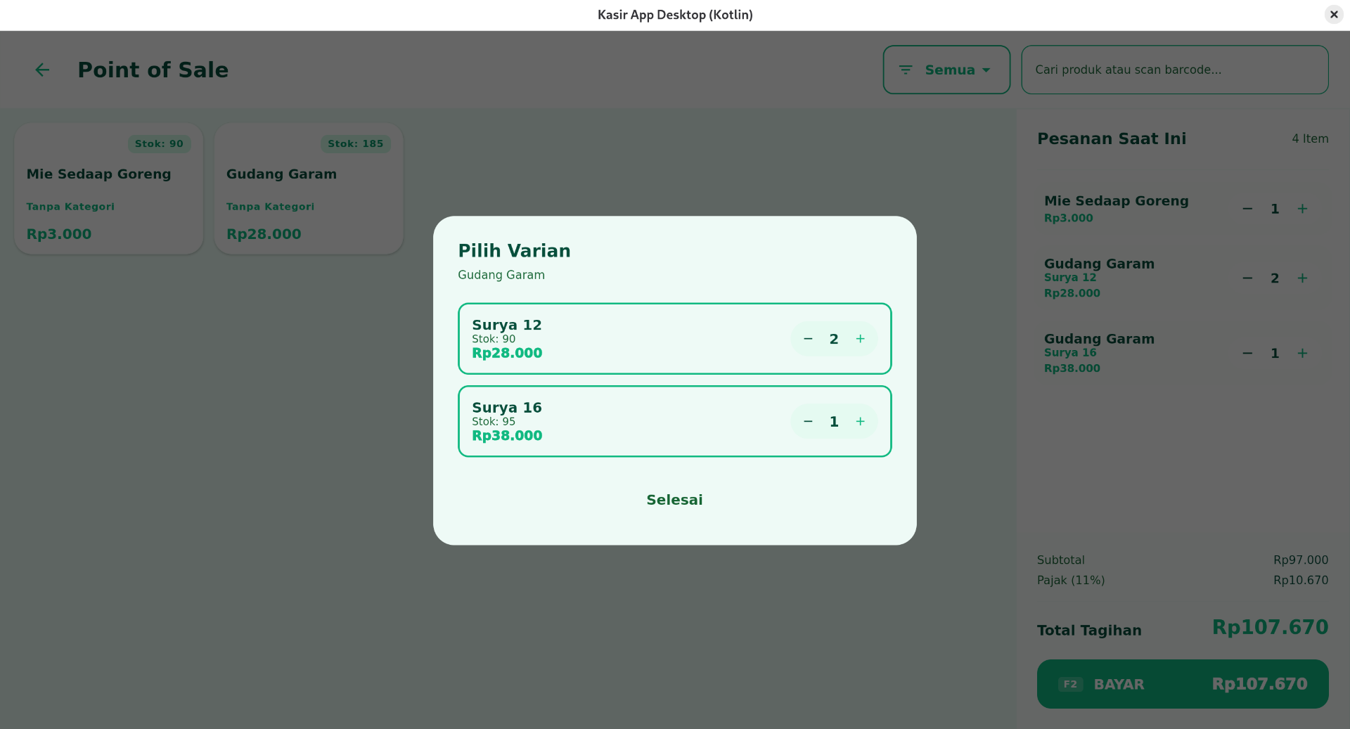 Desktop POS: Popup metode pembayaran tunai & nontunai dengan validasi kembalian